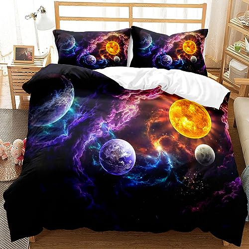 CIUNVXD Planeten bettwäsche, Universum Themen 3-teiliges bettwäsche Set | Für Mädchen Jungen 3D Weltraum Bettbezug mit 2 Kissenbezüge 50x75cm(A,200x200cm)