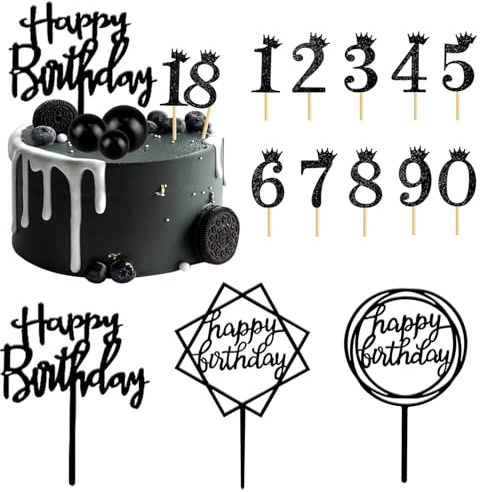 Nayyana®13-teiliges Tortenaufsatz-Set mit schwarzen Kugeln, Acryl-Kuchenaufsatz, Schwarze Zahlen 0–9, Kronen-Kuchenaufsatz, Kucheneinsatz, Aufsätze für Geburtstagskuchen (schwarz)