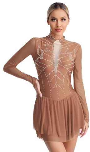 Agoky Damen Glänzend Eiskunstlauf Kleider Langarm Rollschuhkleider Farbblock Tanzkleider Elegant Glitzer Trikot Leotard mit Tutu Rock Dancewear Altrosa A XL