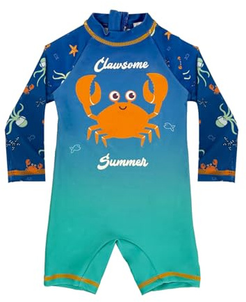 weVSwe Baby UV-kläder UPF 50+ skydd baddräkt baby pojke baddräkt långärmad en del snabb tockande rashguard 0–3 år, Gröna krabbor, 0-6 månader