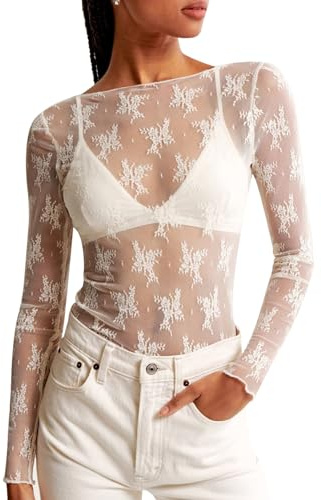 KTILG Mesh Boat Neck Top Long Sleeve Women Sexy See Through Tops Sheer Lace Blouse Shirts Night Out Top Clothes White M