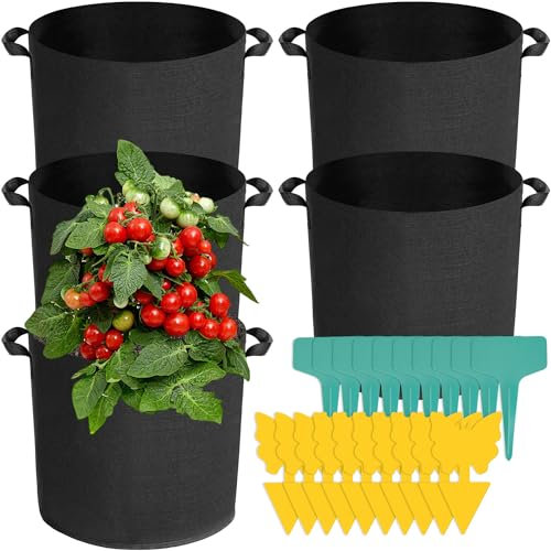 Voarge 5 Stück pflanzsack Kartoffeln, Pflanzsack mit Griffe aus Filzstoff Pflanze Grow Bag für Tomaten Erdbeeren Paprika Karotten Blumen (12 Liter - (D25 x H22,5))