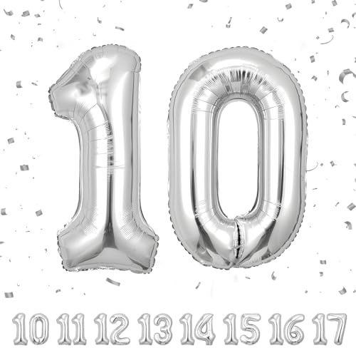 10 Geburtstag Deko zahlen luftballon 10 jahre | Folienballon Sliber - für 10. Geburtstagsdeko Männer Frauen Ballon Zahl Deko zum Geburtstag fliegt mit Helium 10.Geburtstagsparty 40-101cm