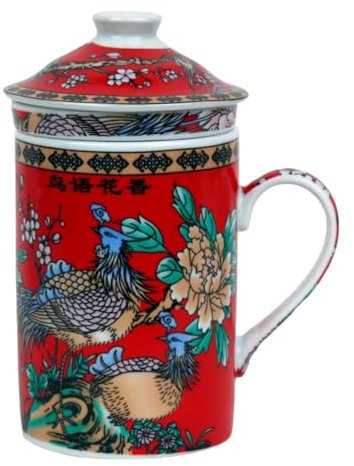 Tasse en céramique avec couvercle et passoire pour thé en vrac, motif asiatique (faisan bleu), 501 - Tasse chinoise japonaise pour amateurs de thé, porcelaine, cadeau Asie