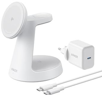 Anker MagGo Chargeur Induction iPhone 3 en 1 MagSafe 15W (Socle), Chargeur sans Fil Certifié Qi2 Compatible MagSafe, pour iPhone 17/16/15/14, Apple Watch, AirPods Pro, et Plus (Adaptateur fourni)