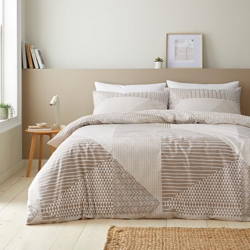 Catherine Lansfield Larsson Geo - Set copripiumino matrimoniale reversibile con federa, colore naturale