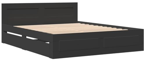 vidaXL Bed Frame with Headboard - Modern Black Engineered Wood 160x200 cm - Drawers for Storage - Plywood Slatted Base for Optimal Mattress Support
