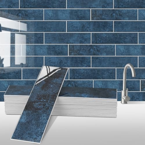 Peel and Stick Backsplash Wall Tile for Kitchen, 24-Sheet Subway Adhesive PVC Mosaic Tiles Decorative Backsplash Tiles Stick on Bathroom（Blue）