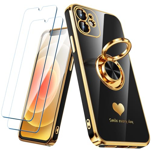 Nonional Compatible for iPhone 12 Case with 2 Pack Screen Protector, 360° Rotatable Ring Holder [Luxury Hearts Pattern] Plating Gold Edge Slim Soft Phone Cover Case for iPhone 12 - Black