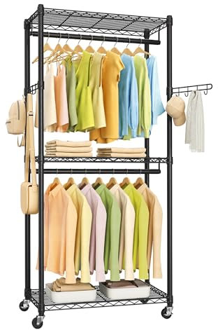 SONGMICS Robuster Rollgarderobe, tragbarer Schrank, 75 cm breit, mit verstellbaren Netzablagen und Kleiderstangen, Haken, Tintenschwarz ULGR412B01