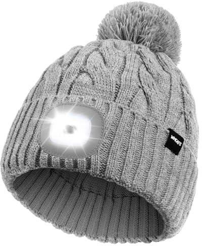Wmcaps Mütze mit LED Licht Damen, Wiederaufladbare Type-C Strickmütze | Abnehmbare LED-Leuchte, Bommelmütze mit 4 LED-Lichtern, für Gassi-Runden, Weihnachtsgeschenke für die Ehefrau