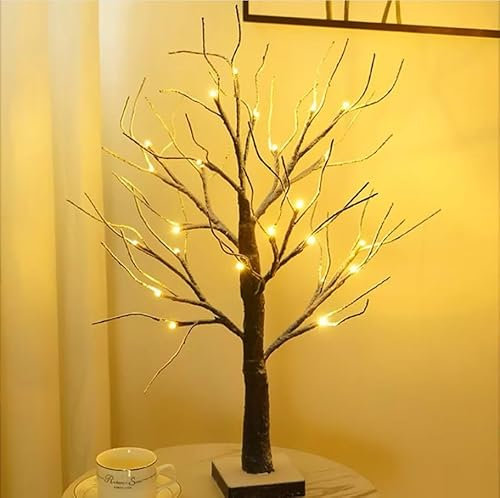 Almineez Christmas Snowy Twig Tree Mini Birch Twig Tree Ornament with Pre Lit 24 Warm White LEDs Battery Operated Tabletop Decoration for Christmas Home Party Wedding (60cm/2ft)