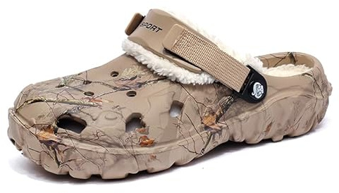 SECHRITE Zuecos con forro de piel para hombre, pantuflas de invierno ancho con plantilla acolchada, zapatos cálidos para la casa con correa trasera ajustable, forro polar suave