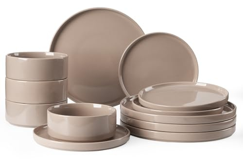 Richmount Nebula Geschirrset 4 Personen, 12-teiliges Teller Set und das Schüsselset, Sprenkel Steingut Geschirr Set, Tafelservice, Mikrowellen- & Spülmaschinenfest, Zimtbraun