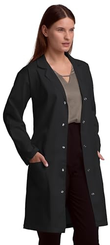 Professionell unisex labbrock för män och kvinnor, flera fickor, klassisk passform, snäppstängning, 102 cm längd, Svart, S