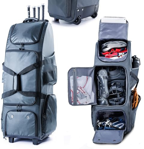 VIGEGARI Baseballtasche mit Rollen, separatem Schuhfach und Zaunhaken, große Softball-Tasche für T-Ball, Teamausrüstung, Seesack, Catcher Gear Bag für Jungen 8–12, Jugendliche, Erwachsene