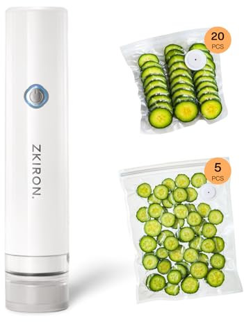 ZKIRON OneTouch Handheld Vacuum Sealer - Powerful Portable Sealer for Food Storage, Sous Vide, and Meal Prep with Reusable Bags and Rechargeable Battery (White) (25, 20 Medium + 5 Large Bags)