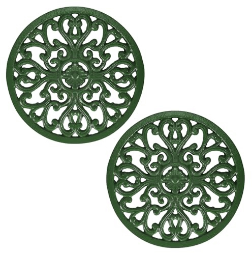 SUMTree 2 PCS 6.7 Round Cast Iron Trivets Hot Pot Holder Mat (Green) | Decorative Heavy Duty Trivets with Vintage Flower Pattern with Rubber Pegs Trivet for Kitchen Worktop Dining Table Countertop