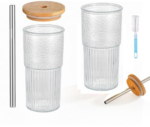 TourKing 2Pack 20oz Glass Cups with Lids and Straws, Glass Tumbler with Straw and Lid for Water, Beer, Cocktail, Tea, Coke, Juice, Soda