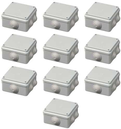 Lot de 10 boîtes de jonction extérieures IP55 carrées 100 x 100 x 50 mm, boîte de jonction pour système électrique, étanche, avec passe-câble, gris, couvercle à vis, idéal pour l'éclairage
