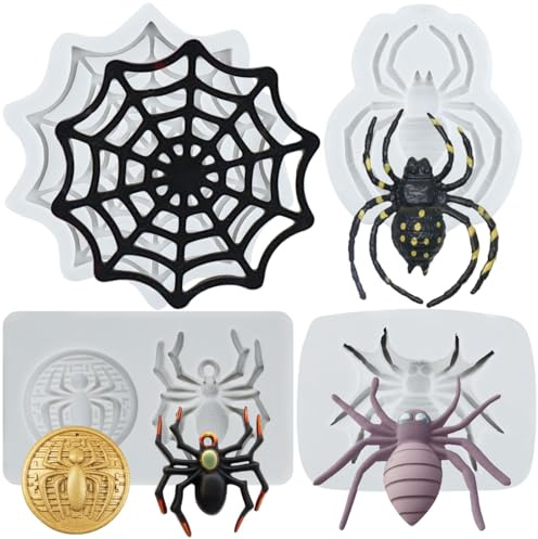 Sijiangmold Spider Fondant Mould Spider Web Silicone Moulds Set of 4 | Halloween Cake Decoration Chocolate Cupcake Topper Candy Polymer Clay Gum Paste