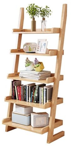 Bücherregal mit 5 Ebenen, Holzleiter, Eckregal, offen, stehend, für Pflanzen und Blumen, für kleine Räume, stilvolle Heimdekoration, Holz-Finish