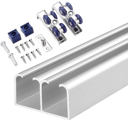 Binario per Porta Scorrevole Guida in Alluminio per Ante Doppie, Kit Ferramenta per Binario Bypass per Mobile, Set di Binari per Ante Scorrevoli con Montaggio Superiore(Silver,150cm(59.1in))
