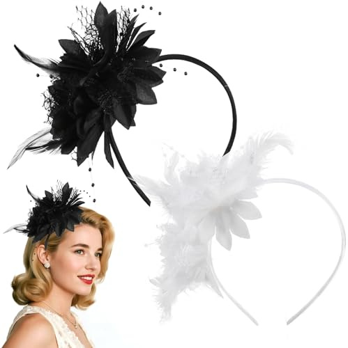 Cosysparks Feder Haarschmuck, 2 Stück Elegantes Schwarz-Weiß Kopfschmuck Fascinator Damen 1920er Kopfstück für Frauen Elastisches Haarzubehör für Hochzeit Karneval Cocktail Prom Party