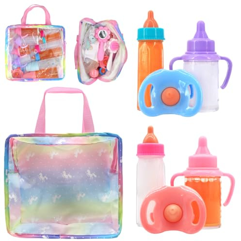 XPEX Accesorios para muñecas, juego de 6 piezas con bolsa de bebé, muebles de accesorios para muñecas Magic Bottle, juego de cuidado con 2 biberones, 2 chupetes y 2 botellas de jugo