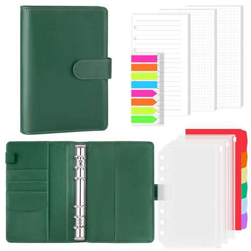 AKONEGE Ringbuch A6 PU-Leder nachfüllbares Notizbuch mit 135 Blatt 6 Löcher A6-Nachfüllpapier, Bindertaschen, Trennblätter, Haftmarkern, Planer-Organizer für Reisen, Arbeit, Schule - Dunkelgrün