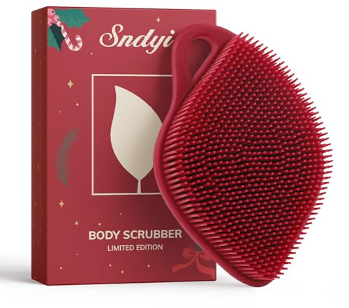 Sndyi Silicone Body Scrubber, Gentle Exfoliating Body Scrubber for Sensitive Skin, Leaf Shaped Shower Scrubber for Body with Lathering Bristles, Silicone Loofah Body Brush for Showering, Red