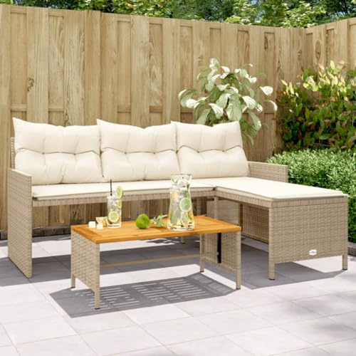 QJBSAVVA Gartensofa L-Form Beige 170x120 cm Poly Rattan Eckbank mit Akazienholztisch Outdoor Couch klein für Balkon Terrasse Sitzecke