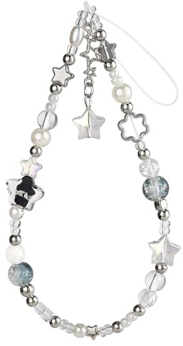 Silber Sternanhänger Handykette Perlen Sterne Handy Kette Kurz Handgelenk Stern Handyband Mädchen Schlüsselband Süß Handyschlaufe Universal Handykordel Handygurt Handyketten ästhetische Handyanhänger