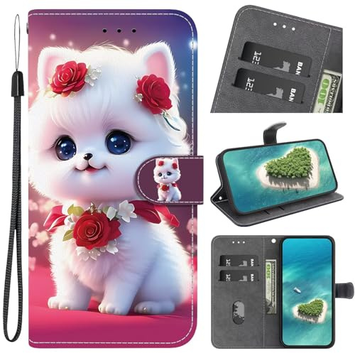 Funda para Motorola Moto E13, funda de piel [cuero auténtico premium] [bloqueo RFID] [tarjetero] [imán] TPU resistente a los golpes funda plegable TPU protección para Motorola Moto E13, gato rosa