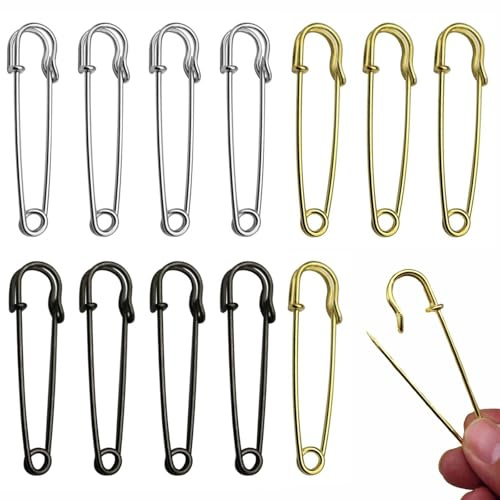 12 Stück Sicherheitsnadeln Groß,10cm Extragroß Safety Pins Inklusive Federverschluss,für Kleidung, Quilten, Kunsthandwerk,Charms, Decken, Röcke, Schal, Leder, Segeltuch(Silber Gold Schwarz)
