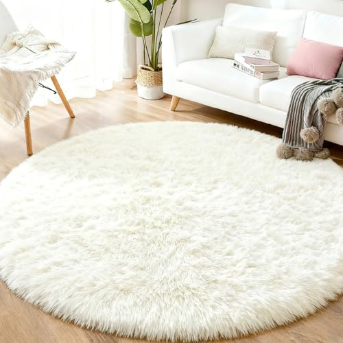 Homcomodar Hochflor Teppich Rund 120 cm Beige Wohnzimmer Schlafzimme Teppich Flauschig rutschfest teppiche kinderzimmer Flauschig Teppiche
