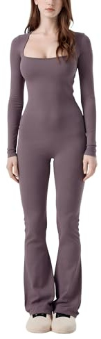 WINHUNT Jumpsuits for Women Square Neck Wide Leg Full Length Romper Playsuit, Lilac Gray, XL