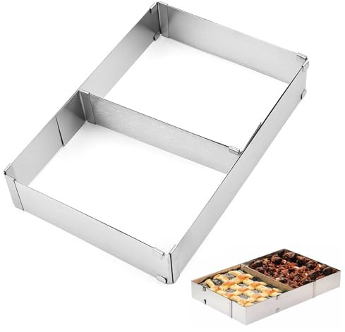 Backrahmen Rechteckig Verstellbar, 8cm Hohe Edelstahl Backform Rechteckig | mit Teiler, Kuchenform Eckig, Tortenring Verstellbar für Backblech für Kuchen Pizza Torten Backen Party Dekorieren
