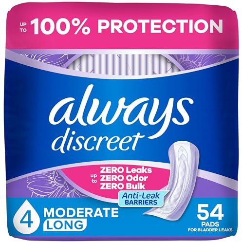 Always Discreet Adult Incontinence Pads for Women, Drier, 4 Drop Long Length, Moderate Absorbency, Pads for Bladder Control Management, Bladder Leaks, & Postpartum Pads, 54ct