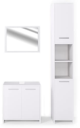 Vicco Badmöbel-Set Kiko, Weiß Hochglanz/Weiß, 58 cm, besteht aus Waschbeckenunterschrank, Spiegelschrank und Hochschrank | besteht aus Waschbeckenunterschrank, Spiegelschrank und Hochschrank
