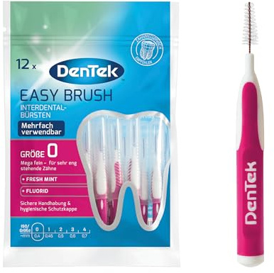12 unidades Dentek Easy Brush - Cepillos interdentales ISO/tamaño 0, extrafinos, para espacios interdentales muy estrechos, sabor a menta y tapa protectora higiénica