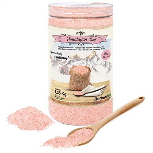 Nortembio Sale Rosa dell'Himalaya 1,35 Kg. Fino (1-2 mm). Sale Gourmet 100% Naturale. Ricco di Minerarli. Cucina Sana. Non Raffinato. Senza Conservanti. Estratto a Mano. Dal Punjab Pakistan.