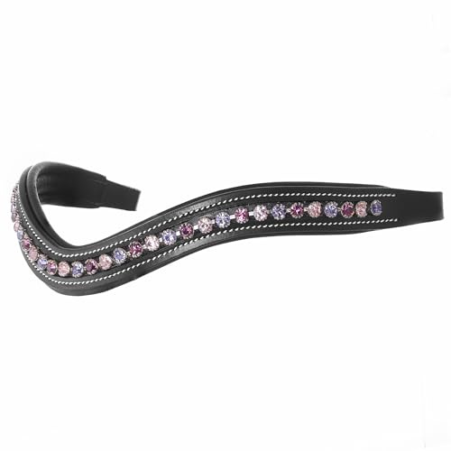 ExionPro gebogenes, gepolstertes Bling-Kristall-Stirnband aus Leder für Pferdezaumzeug|Mit Diamanten verzierte Bling-Stirnbänder für die englische Dressur|Kristallfarbe – Fuchsia, Hellrosa, Tansanit