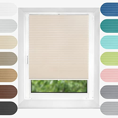 Birrke® Plissee Ohne Bohren Klemmfix 140x200 cm - Fenster Plisseerollo mit Bequemer Oben-Unten Funktion - Plissees für Sonnenschutz und Sichtschutz - Einfache Montage - Vanilla Pudding, Ecru