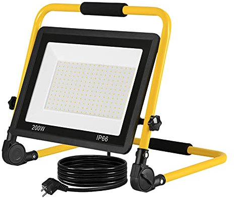 UISEBRT LED Baustrahler 200W Kaltweiß Baustellen Strahler inkl. Standgestell und Netzkabel, LED Fluter Arbeitsscheinwerfer Wasserdicht IP66 für Garage, Garten, Baustelle