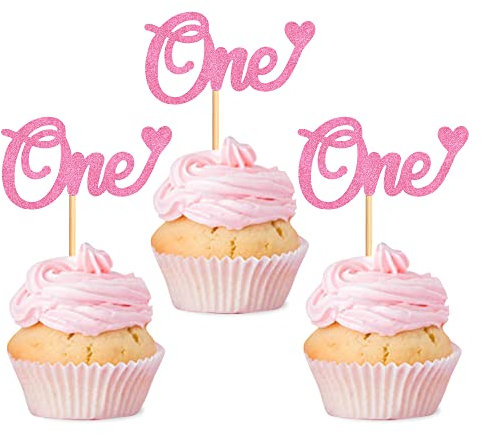 Blumomon 24Pcs One Cupcake Toppers Glitter Baby First Birthday Party Cupcake Food Picks Decorations for Baby Shower Boys Girls Kids 1st Birthday Party Cake Decorations Supplies Pink