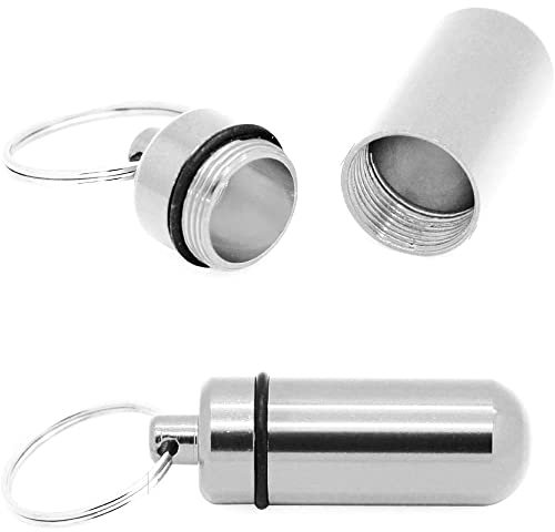 Welsberg 2X Mini Pill Box Keyring Tablet Medicine Container Aluminium Key Chain Drug Holder, Waterproof Tablet Capsule, Silver