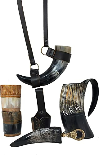 Viking Drinking Horn Set Authentic Ox-Horn Handcrafted Tankard for beer mead wine ale water Carved Drinking Mug with Horn Belt Holster Neck Strap Shot Cup Bottle Opener Polished Finish