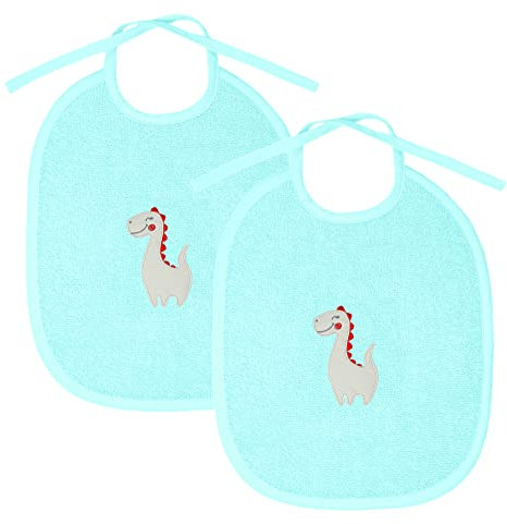 Lashuma 2er Pack Jungen Lätzchen zum Binden, Blauer Frottee Latz bestickt Motiv: Dinosaurier, Babylätzchen 25x30 cm