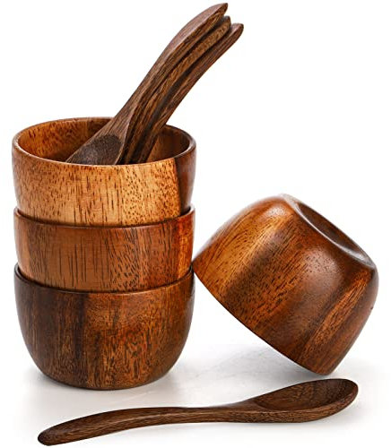 Lyellfe Set of 4 Acacia Wooden Bowl, 4 Oz Dipping Sauce Bowl with Spoon, 3 Inch Small Charcuterie Dish, Soup Water Cup for Condiments, Jam, Nuts, Appetizer, Snack, Yogurt